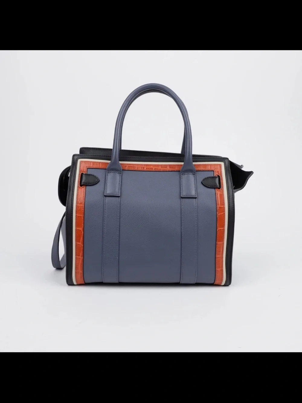 Mulberry Blue and Brown Trim Leather Satchel with Black Strap Detail